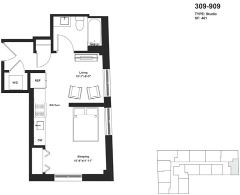 Floor plan for 1 bed, 1 bath, 452 sqft